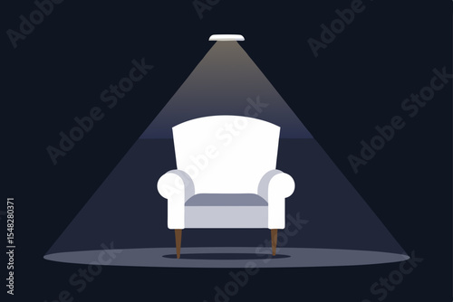  white armchair in a dark room with single spotligh