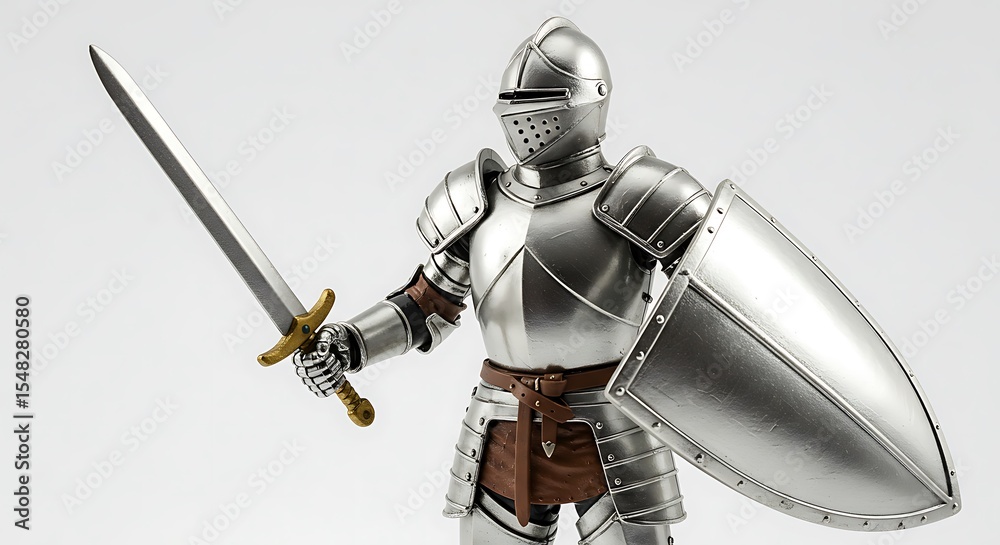 Fototapeta premium A detailed action figure of a medieval knight in full silver plate armor stands ready for battle, holding a broadsword and a large shield. 