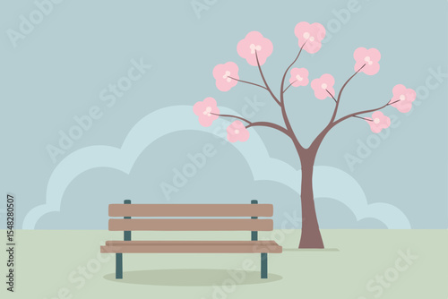 wooden bench beneath blooming tree in morning fog