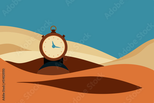 vintage clock half submerged in sand dunes