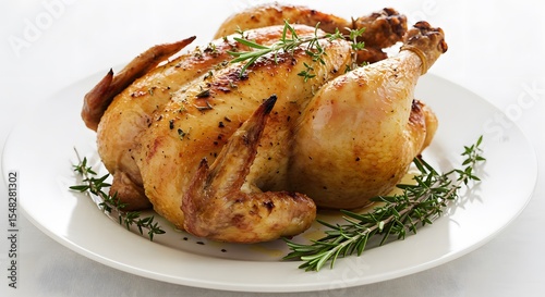 Poulet rôti doré herbes aromatiques lumière chaude plat appétissant