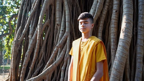 Young man wearing traditional indian clothing standing with closed eyes near a banyan tree in a park, embracing spirituality and cultural heritage