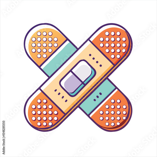 Cartoon representation of two crossed adhesive bandages with center padding and holes