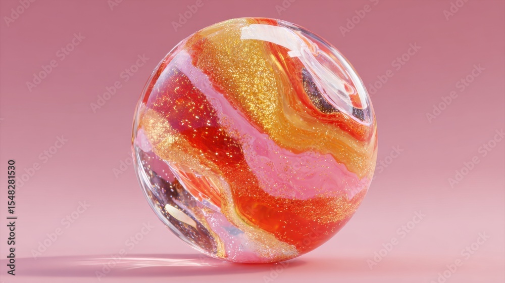 Fototapeta premium A vibrant glass sphere displays intricate swirling patterns of pink, orange, and gold colors. The glitter adds an eye-catching sparkle, enhancing its delicate beauty.
