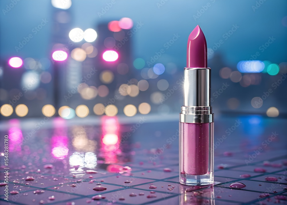 Stunning Pink Lipstick on Wet Reflective Surface with City Lights Background Stunning Pink Lipstick on Wet Reflective Surface with City Lights Background