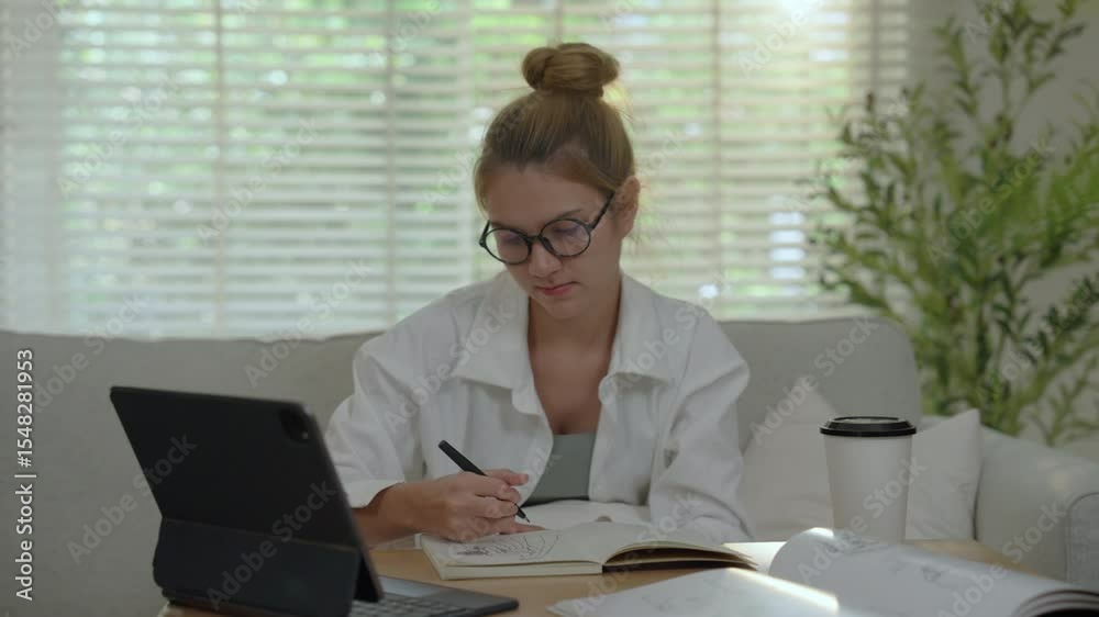 Cheerful Lifestyle Young Womans Relaxing Living Room Drawing Session on Facetime with Notebook and Tablet in Bright, Cozy Atmosphere