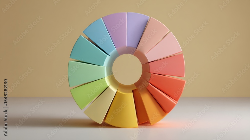 Obraz premium A circular arrangement of pastel color swatches is on display, showcasing a gradient from light green to soft pink and purple. The palette is set against a light backdrop for emphasis.