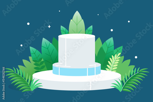 white podium among lush ferns and dew