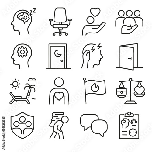 Workplace Mental Health Icons. Line style icons of workplace mental health: mental break icon, ergonomic chair, support program,