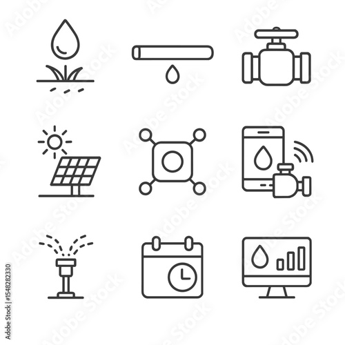 Smart Irrigation Icons. Line style icons of smart irrigation systems: moisture sensor, drip irrigation pipe, water valve