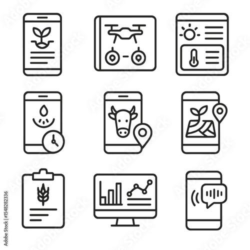Smart Farming Icons. Line style icons of smart agricultural apps: crop scheduling app, drone control interface, sensor dashboard,