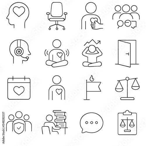 Workplace Mental Health Icons. Line style icons of workplace mental health: mental break icon, ergonomic chair, support program,