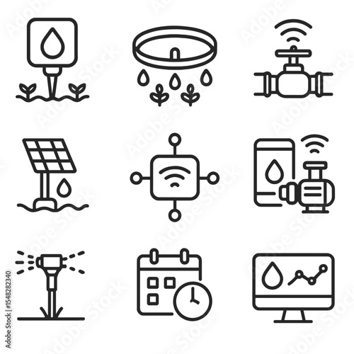 Smart Irrigation Icons. Line style icons of smart irrigation systems: moisture sensor, drip irrigation pipe, water valve