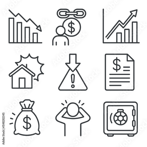 Economic Crisis Icons. Line style icons of economic crises: market crash chart, debt crisis icon, inflation spike, housing bubble,