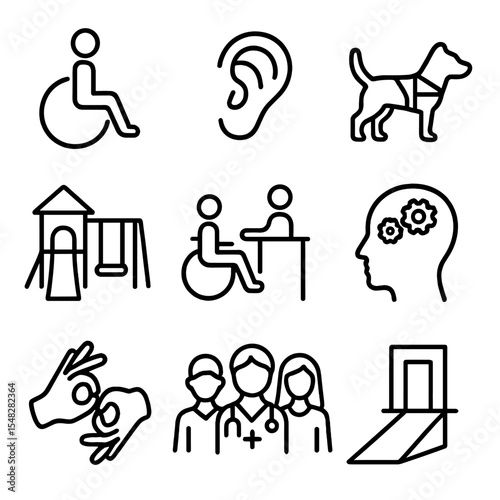 Inclusive Care Icons. Line style icons of inclusive care: wheelchair access, hearing aid support, blind assistance dog, inclusive