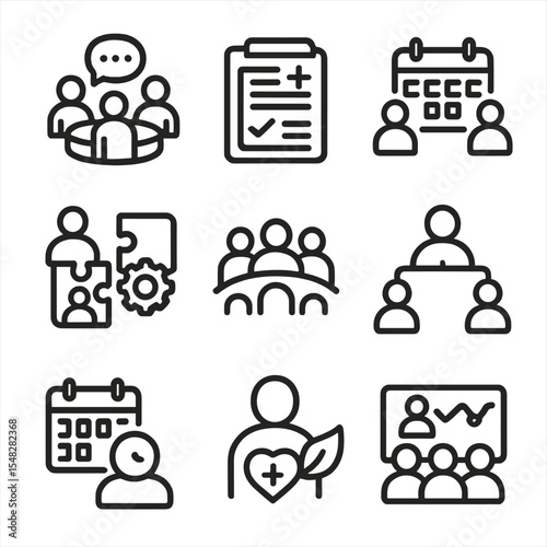 Care Coordination Icons. Line style icons of care coordination: care team meeting, digital care plan, shared calendar, service