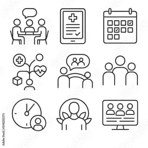 Care Coordination Icons. Line style icons of care coordination: care team meeting, digital care plan, shared calendar, service