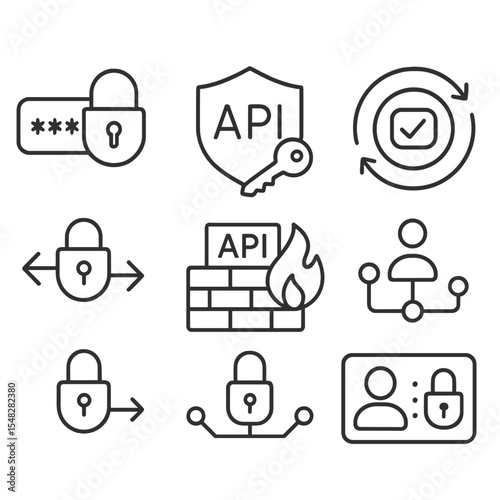 API Security Icons. Line style icons of API security: authentication lock, API key shield, OAuth badge, token refresh icon,
