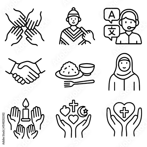 Cultural Harmony Icons. Line style icons of cultural care and inclusion: diverse community hands, ethnic celebration, cultural