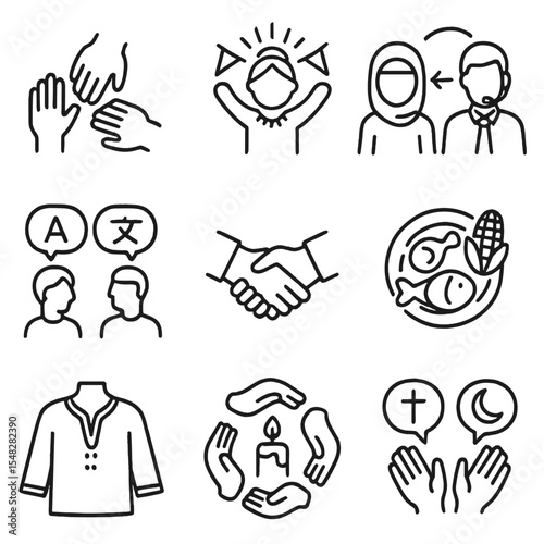 Cultural Harmony Icons. Line style icons of cultural care and inclusion: diverse community hands, ethnic celebration, cultural