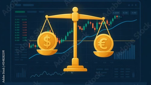 A digital illustration of a scale balancing dollar and euro symbols against a stock market background, symbolizing currency comparison, trade analysis, and financial equilibrium.
