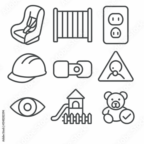 Safety Icons. Line style icons of safety and protection: car seat icon, baby gate, outlet cover, safety helmet, childproof cabinet