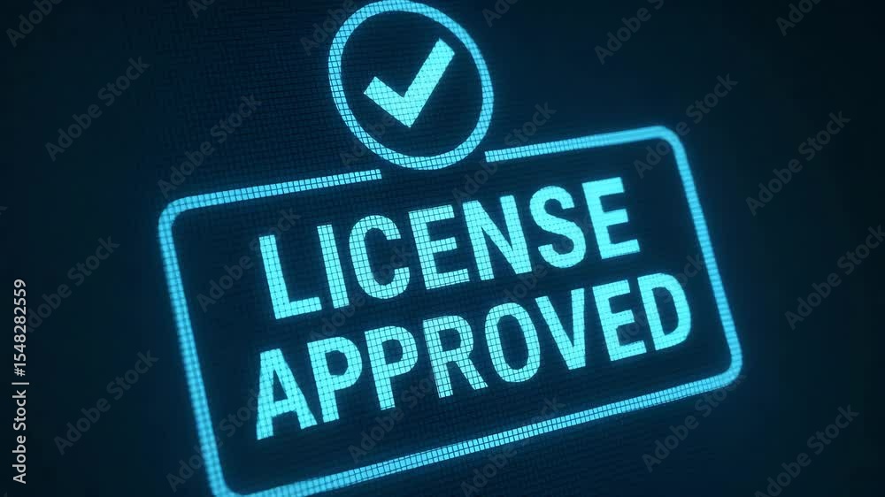 A vibrant neon blue sign indicating 'License Approved', symbolizing success and authorization in business operations, ideal for showcasing achievements and compliance.