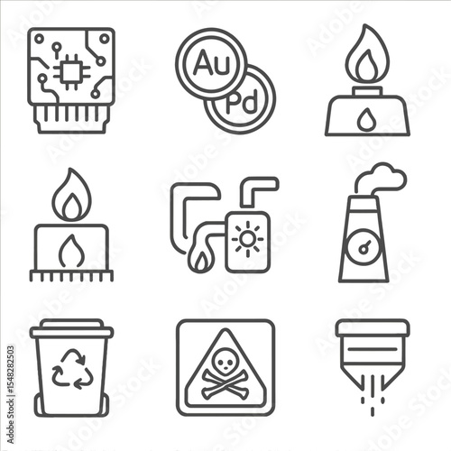 E-Waste Recovery Icons. Line style icons of e-waste recovery for energy: circuit board shredder, rare metals icon, high-efficiency
