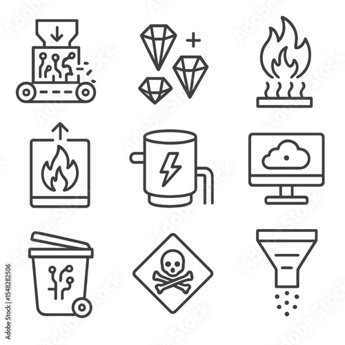 E-Waste Recovery Icons. Line style icons of e-waste recovery for energy: circuit board shredder, rare metals icon, high-efficiency