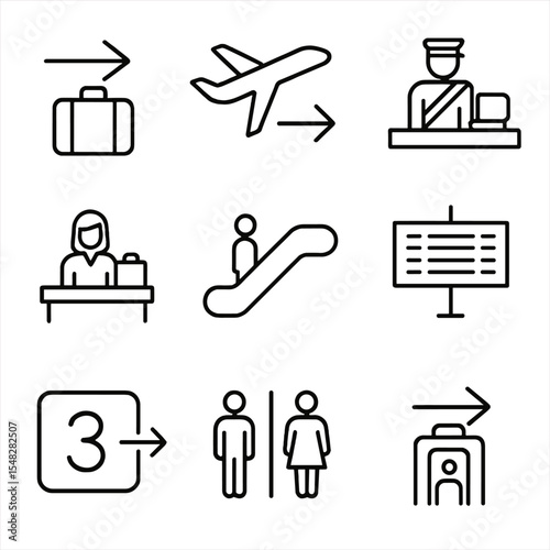 Airport Navigation Icons. Line style icons of airport navigation signs: baggage claim arrow, terminal gate icon, customs direction