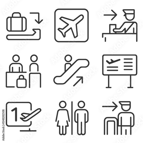 Airport Navigation Icons. Line style icons of airport navigation signs: baggage claim arrow, terminal gate icon, customs direction