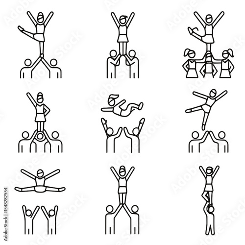 Cheerleading Stunt Icons. Line style icons of cheerleading stunts: flyer in air, base lift position, pyramid formation, stunt