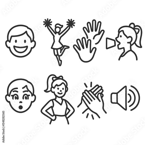 Cheerleading Icon Set. Line style icons of cheerleading expressions: big smile, high energy icon, spirit fingers, shout icon,