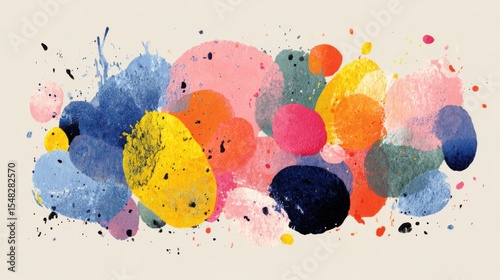Bold shapes and splashes in shades of blue, pink, orange, and yellow create an expressive abstract design. This artwork evokes a lively and dynamic atmosphere.