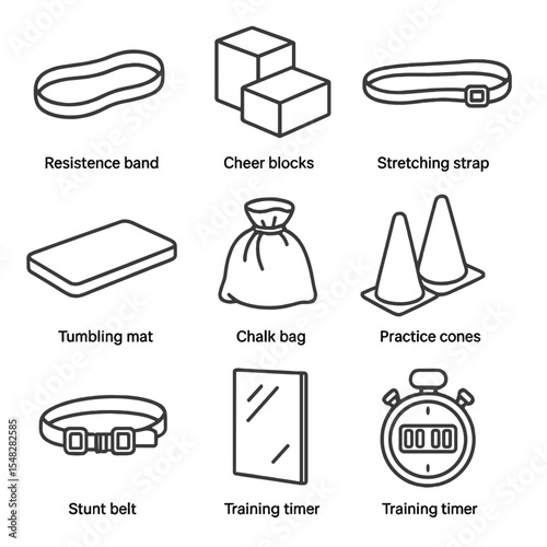 Cheerleading Training Icons. Line style icons of cheerleading training equipment: resistance band, cheer blocks, stretching strap,