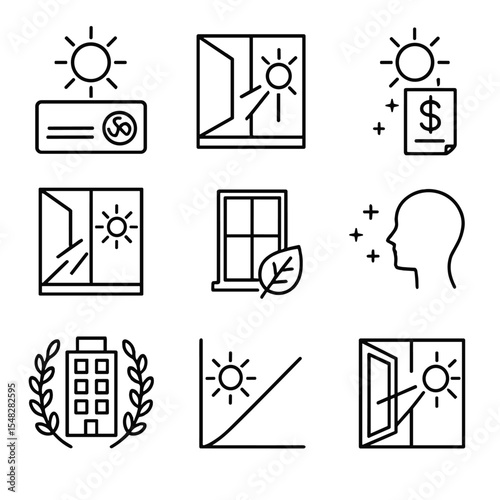 Sun and Window Icons. Line style icons of sun and window environmental benefits: reduced HVAC icon, natural light use, lower