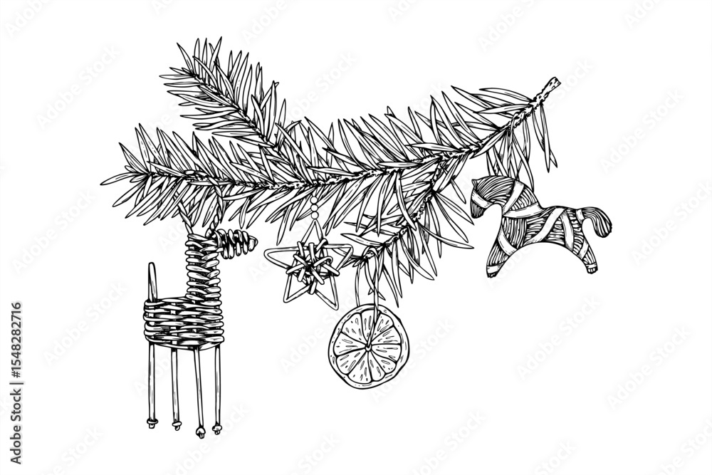 Wicker reindeer figurine black and white vector illustration. Scandinavian Yule traditions. Xmas deer, wooden animal graphic sketch for Nordic holiday decor, nature festive designs.
