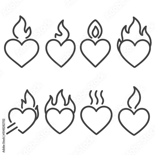 Flaming Heart Icons. Line style icons of heart and flame combination: flaming heart top, heart with flickering fire, inner fire