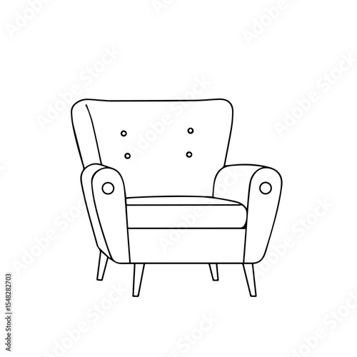 Comfortable armchair drawing, mid-century modern style furniture sketch. Classic armchair illustration with rounded armrests and tapered legs.