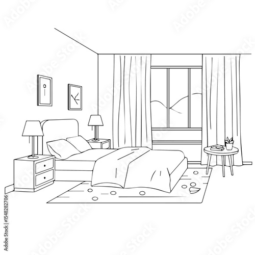 Modern bedroom interior design sketch. Comfortable bedroom with double bed, nightstands, and window with curtains.