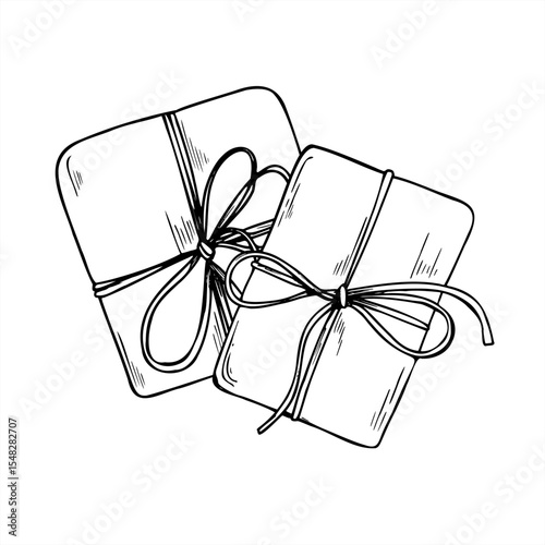 Vector illustration of two gift boxes tied with twine, top view. Christmas or birthday presents in paper etching drawing for holiday branding, packaging design, cozy rustic projects