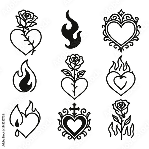 Gothic Romance Icons. Line style icons of gothic romance symbols: thorny rose over heart, black flame curl, antique heart frame,