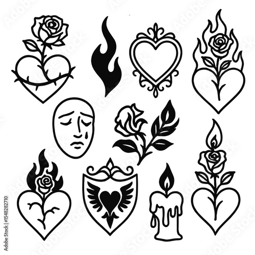 Gothic Romance Icons. Line style icons of gothic romance symbols: thorny rose over heart, black flame curl, antique heart frame,
