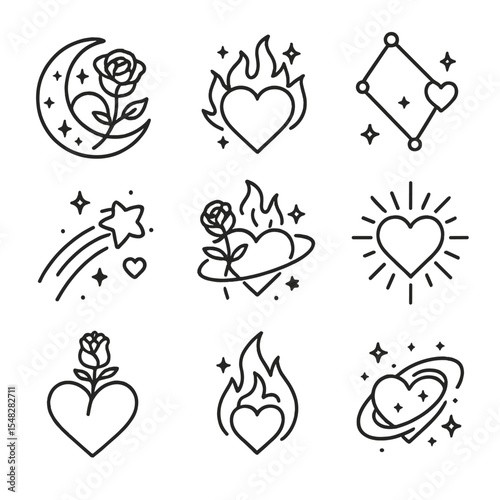Celestial Heart Icons. Line style icons of celestial heart symbolism: moon and rose heart, sun flame heart, constellation with