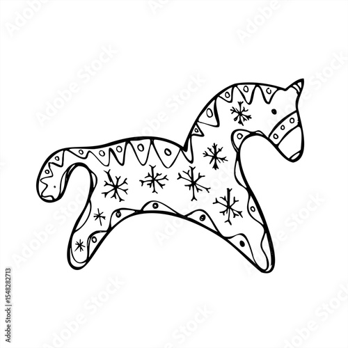 Scandinavian style wooden toy horse with traditional patterns black and white vector illustration. Home kid decor for Christmas tree decoration, Nordic holiday branding, nostalgic festive design