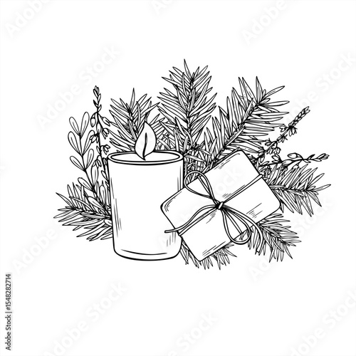 Monochrome burning candle in glass jar, tied gift, and pine branches vector composition painted by black inks. Christmas illustration for holiday cards, winter invitations, and cozy hygge designs