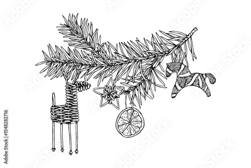 Wicker reindeer figurine black and white vector illustration. Scandinavian Yule traditions. Xmas deer, wooden animal graphic sketch for Nordic holiday decor, nature festive designs.