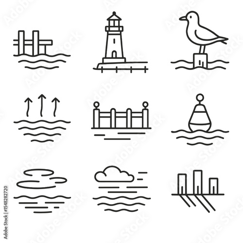 Harbor Icon Elements. Line style icons of harbor environment: calm water near dock, dockside lighthouse, seagull on post, tide