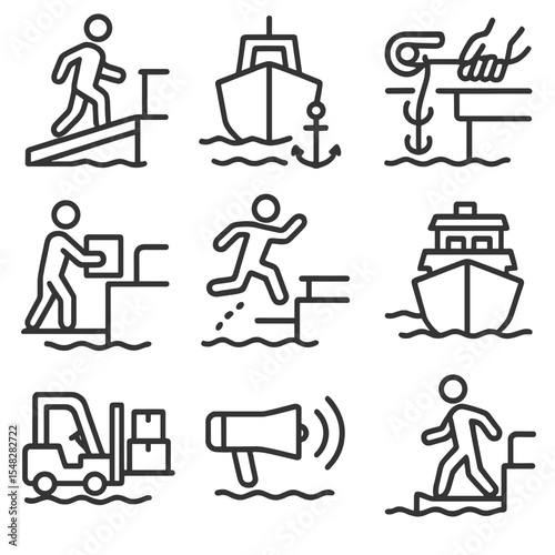 Boat Docking Icons. Line style icons of boat interaction at dock: boarding ramp icon, anchor drop symbol, rope release action,
