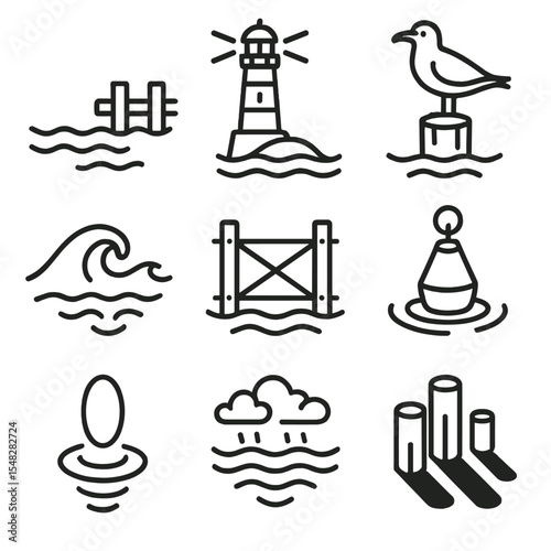 Harbor Icon Elements. Line style icons of harbor environment: calm water near dock, dockside lighthouse, seagull on post, tide